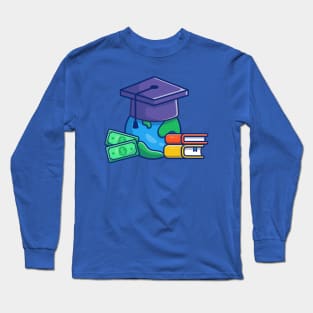 Scholarship, World, Graduation Cap, Money And Book Cartoon Long Sleeve T-Shirt